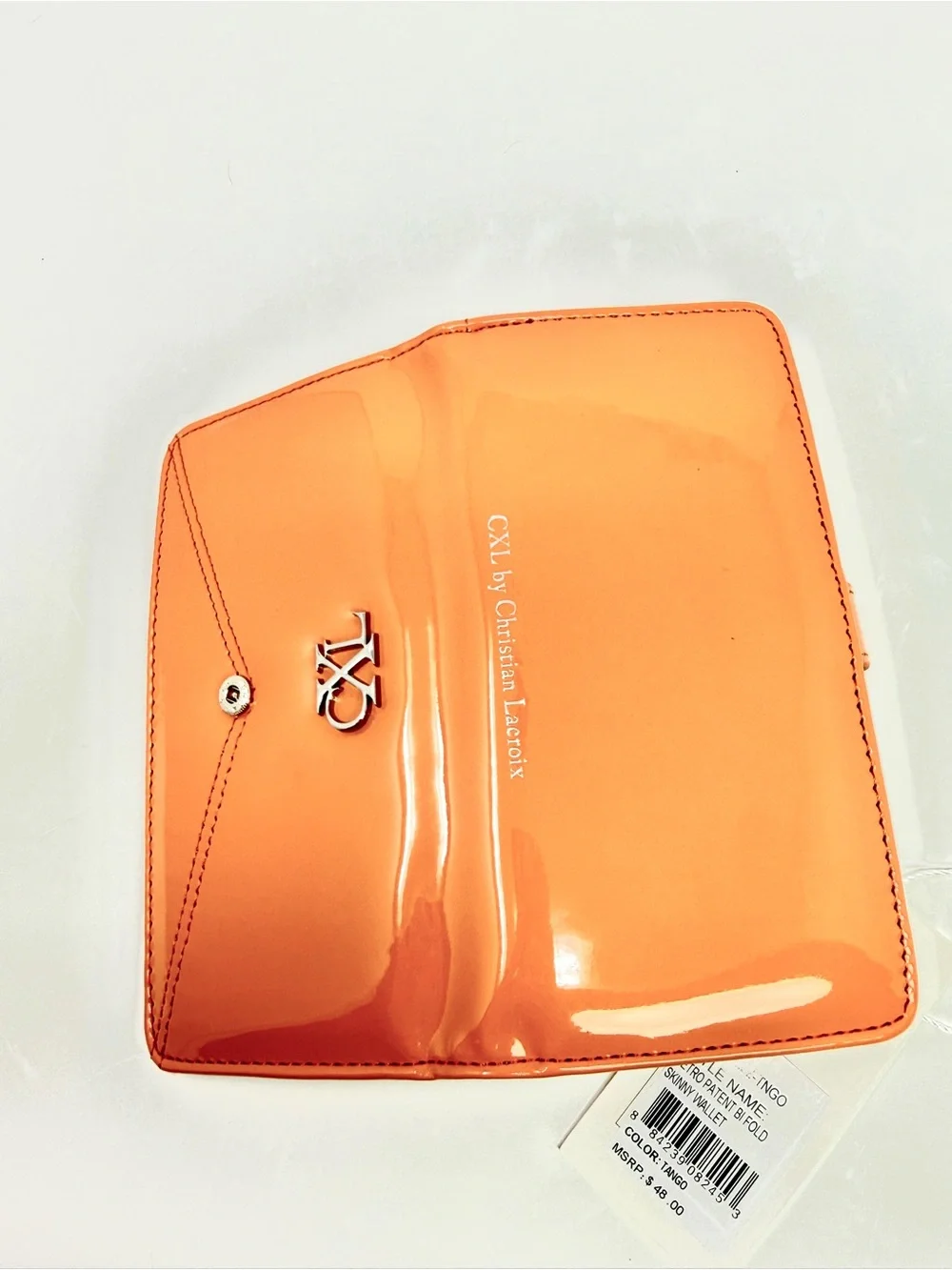 CXL by CHRISTIAN LACROIX Metro Patent Vegan Bi-Fold Skinny Wallet in Tango NWT